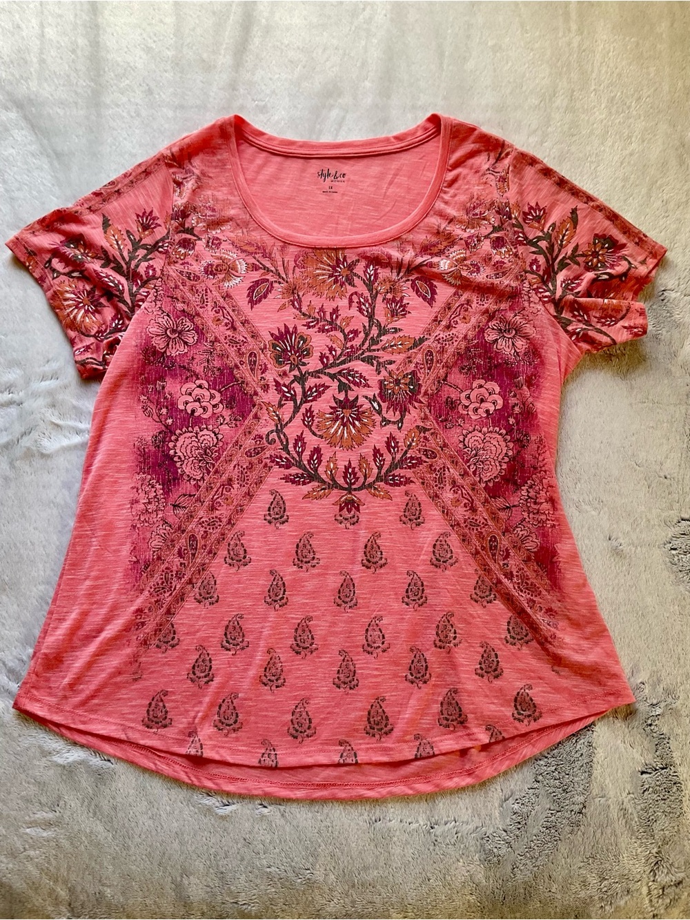 STYLE & CO Coral Pink Casual Slub Scoop Neck Floral Bandana Paisley T Shirt 1X